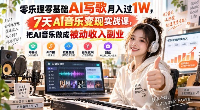 AI写歌，7天实战课教你月入过万，把AI音乐变成持续赚钱的副业