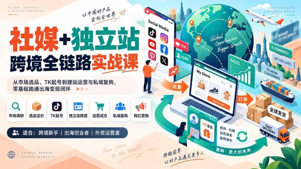 社媒与独立站双引擎：零基础掌握跨境选品、TK起号、建站运营