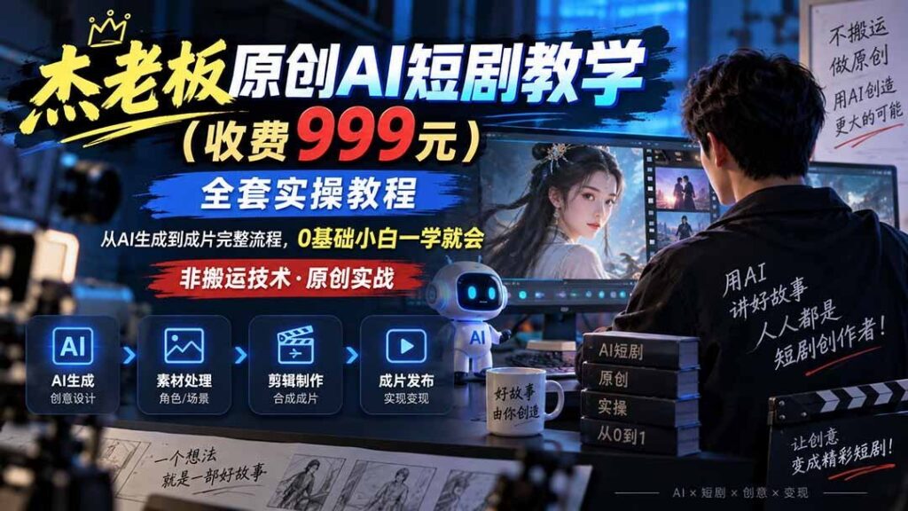 杰老板AI短剧实战课：999元全套教程，零基础也能轻松上手