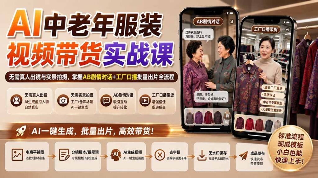 AI服装带货新玩法：中老年赛道AB剧情+工厂口播，批量产出爆款视频