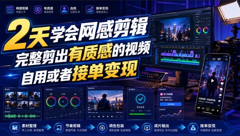 两天掌握网感剪辑，轻松剪出高级质感视频，自学接单两不误！