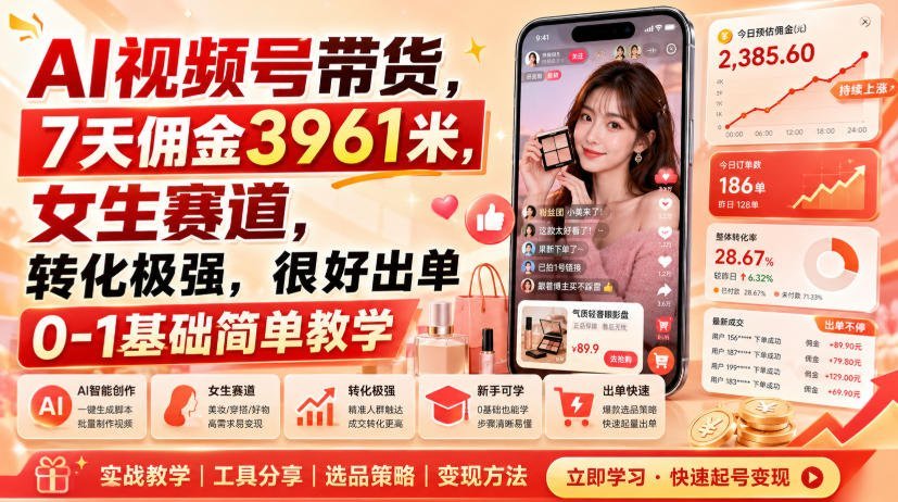 AI视频号带货7天赚3961元，女生赛道转化率超高，0基础也能上手