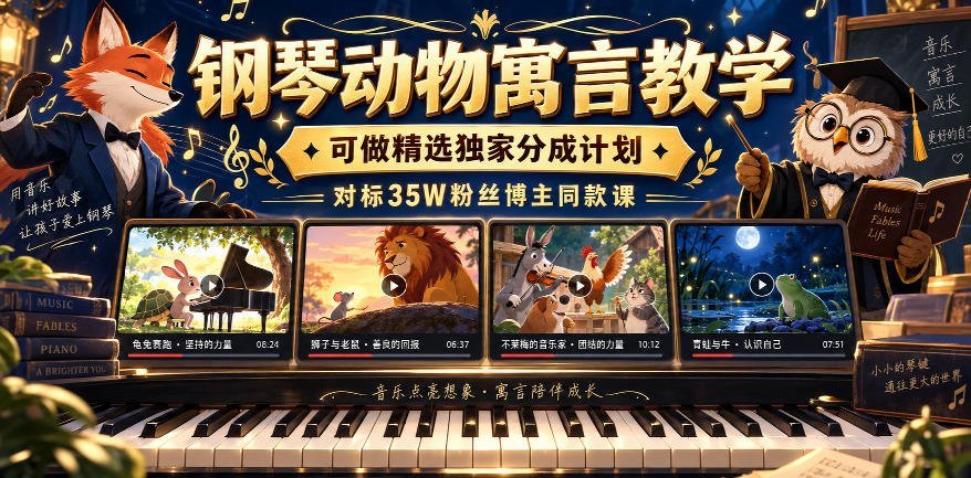 钢琴动物寓言课程招募，独家分成计划，对标35万粉丝博主爆款内容