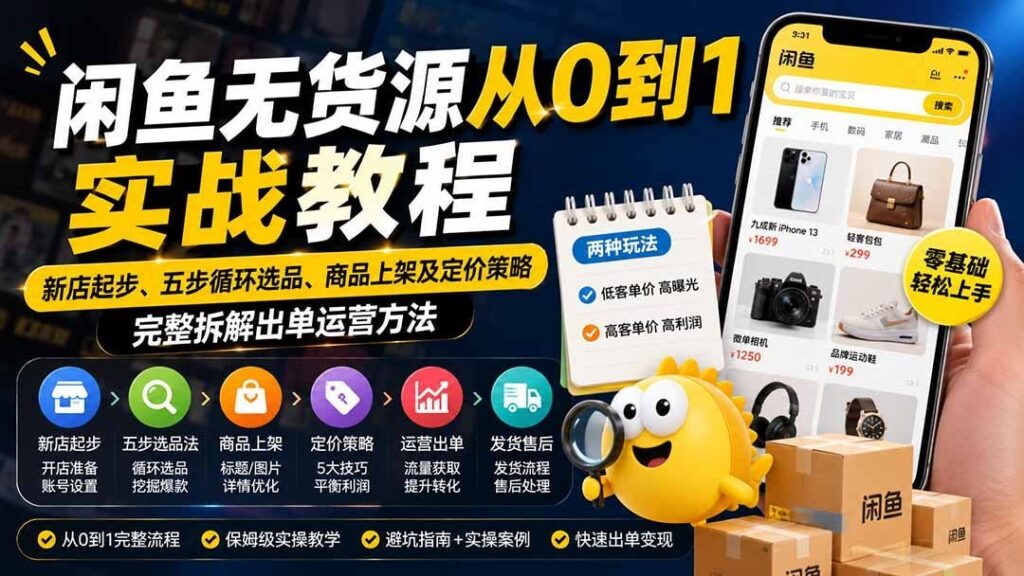 闲鱼无货源新店冷启动：五步选品法+上架定价实操，跑通出单闭环