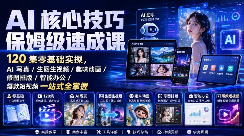 AI技能一站式精通 AI写真/生图生视频/趣味动画/修图排版/智能办公