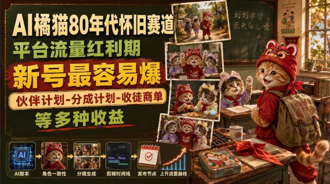 AI橘猫带你穿越80年代怀旧赛道，伙伴分成+收徒商单多重收益